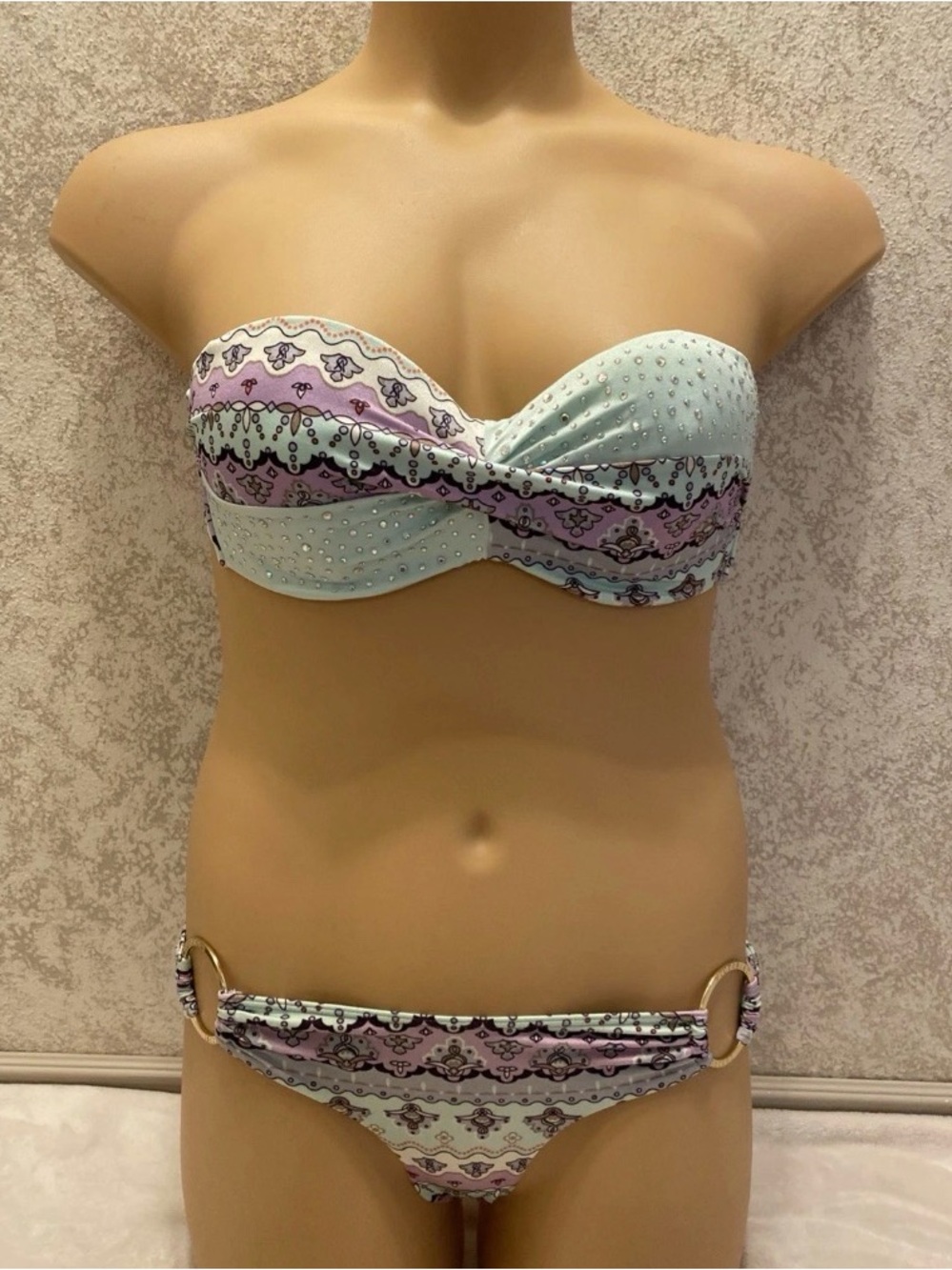 Victoria's Secret Mint and Lavender Patterned Rhinestone Bandeau Bikini